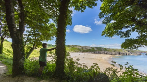 Visitor standing on path overlooking Barafundle Bay